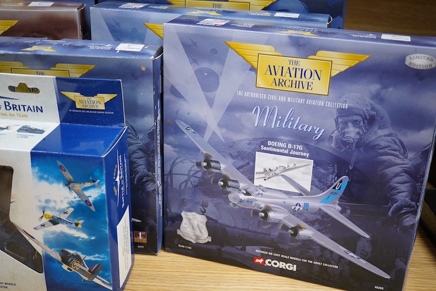 Eight boxed Corgi Aviation Archive model aircraft, mainly in 1:144 scale, including; a Supermarine Spitfire (49001), a Douglas Dakota (47111), two Avro Lancastrian (both 47402), an Avro Lancaster (47306), a Short Sunderl